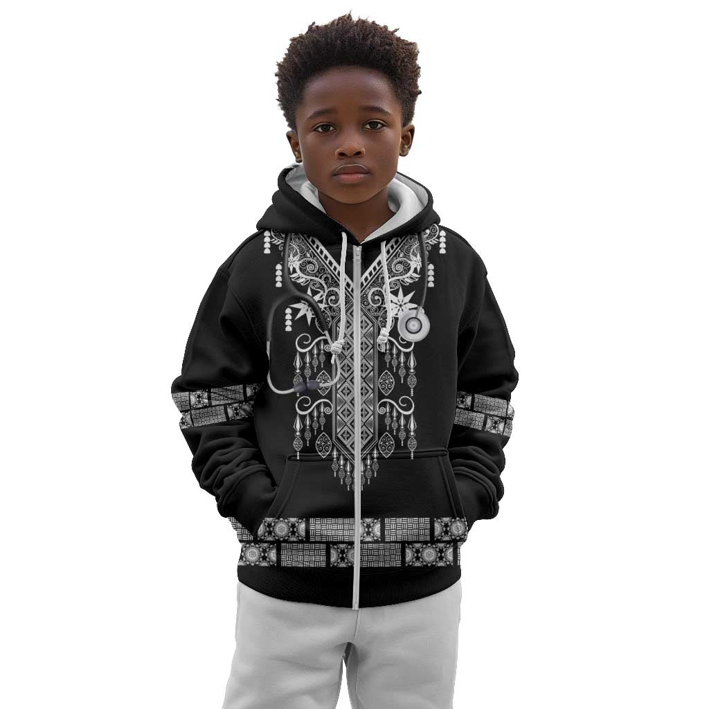 Proud Black Nurse RN Kid Hoodie Black African Pattern Stethoscope Dashiki Motif