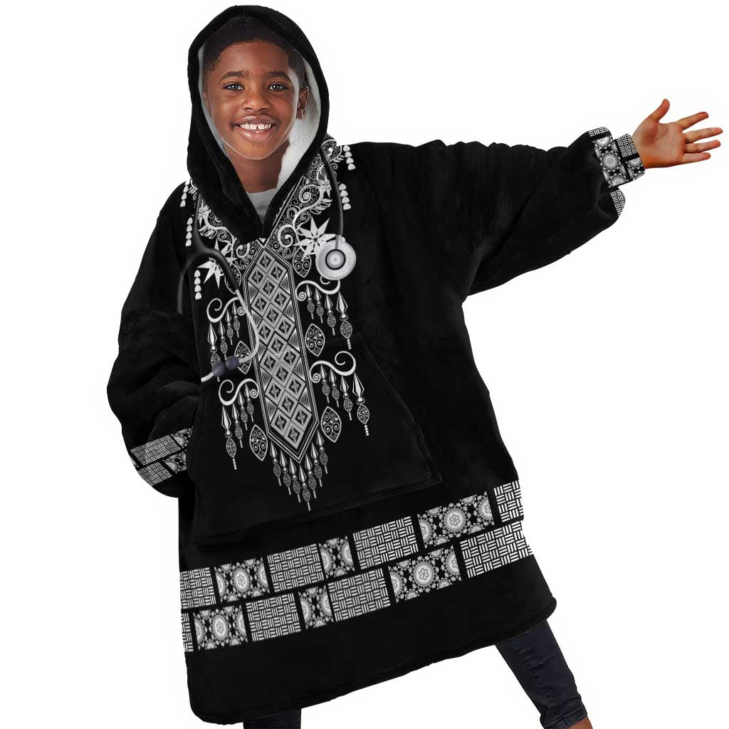 Proud Black Nurse RN Kid Wearable Blanket Hoodie Black African Pattern Stethoscope Dashiki Motif
