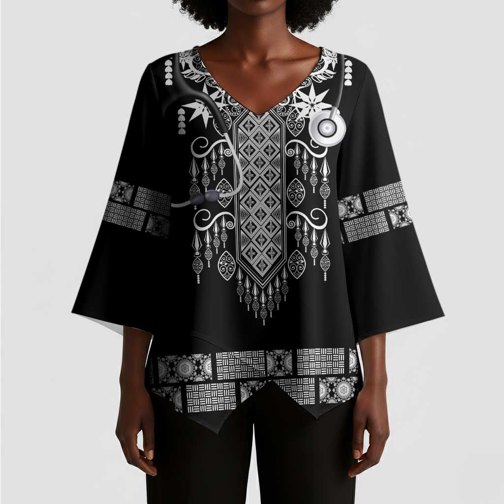 Proud Black Nurse RN Kimono Sleeve Blouse Black African Pattern Stethoscope Dashiki Motif