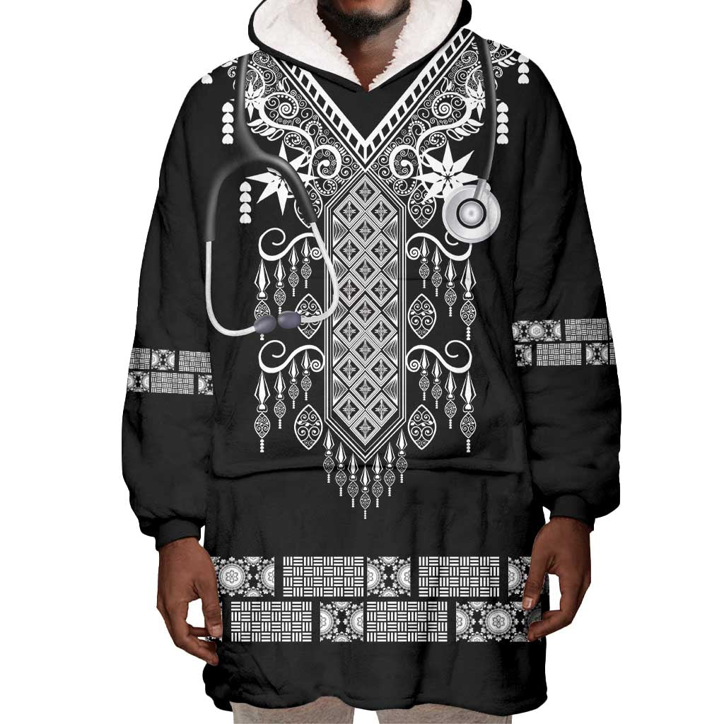 Proud Black Nurse RN Wearable Blanket Hoodie Black African Pattern Stethoscope Dashiki Motif