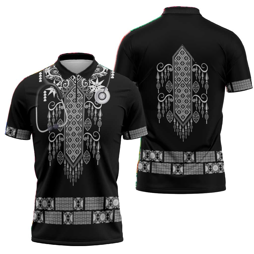 Proud Black Nurse RN Zipper Polo Shirt Black African Pattern Stethoscope Dashiki Motif