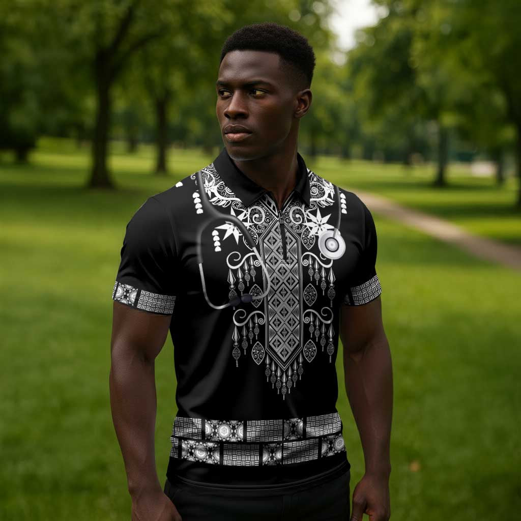 Proud Black Nurse RN Zipper Polo Shirt Black African Pattern Stethoscope Dashiki Motif