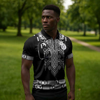 Proud Black Nurse RN Zipper Polo Shirt Black African Pattern Stethoscope Dashiki Motif