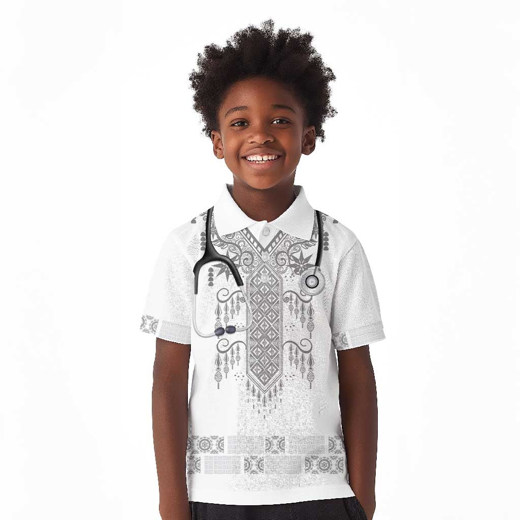 Proud Black Nurse RN Kid Polo Shirt White African Pattern Stethoscope Dashiki Motif