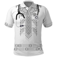 Proud Black Nurse RN Polo Shirt White African Pattern Stethoscope Dashiki Motif