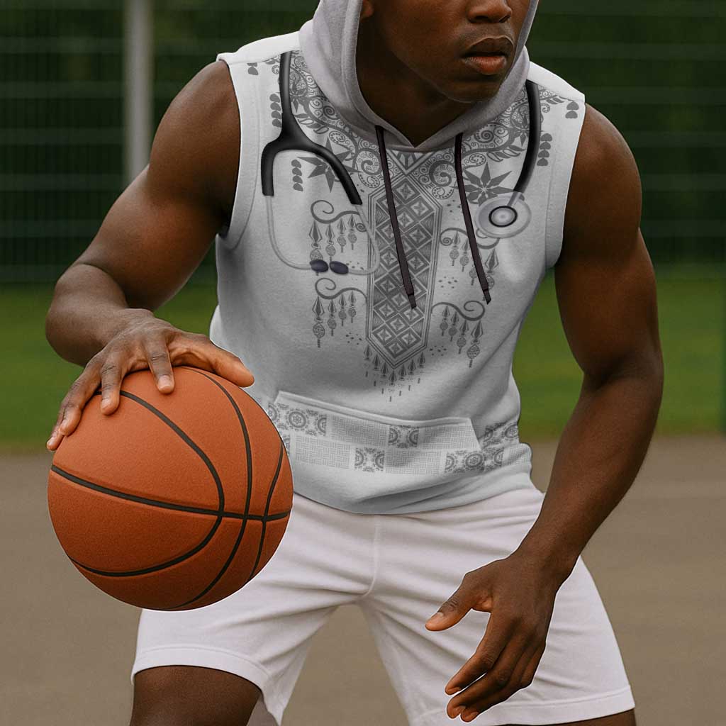 Proud Black Nurse RN Sleeveless Hoodie White African Pattern Stethoscope Dashiki Motif