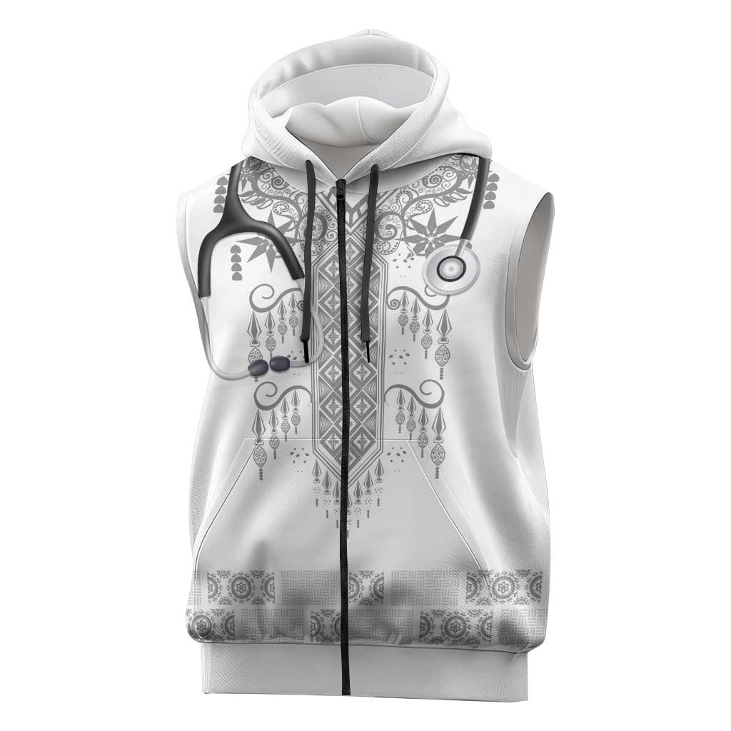 Proud Black Nurse RN Sleeveless Zip Hoodie White African Pattern Stethoscope Dashiki Motif