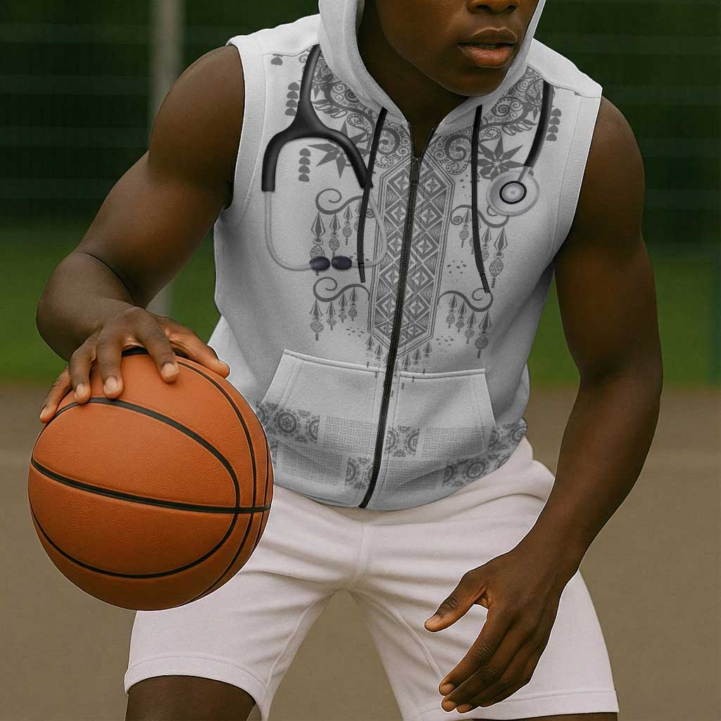 Proud Black Nurse RN Sleeveless Zip Hoodie White African Pattern Stethoscope Dashiki Motif