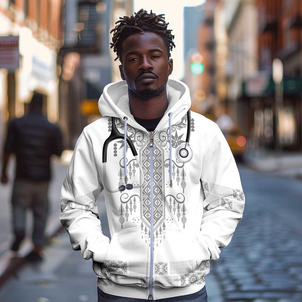 Proud Black Nurse RN Zip Hoodie White African Pattern Stethoscope Dashiki Motif