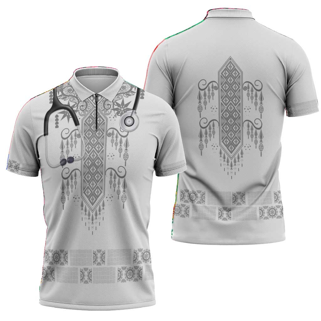 Proud Black Nurse RN Zipper Polo Shirt White African Pattern Stethoscope Dashiki Motif