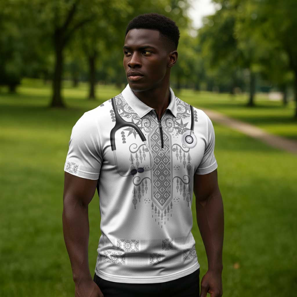Proud Black Nurse RN Zipper Polo Shirt White African Pattern Stethoscope Dashiki Motif
