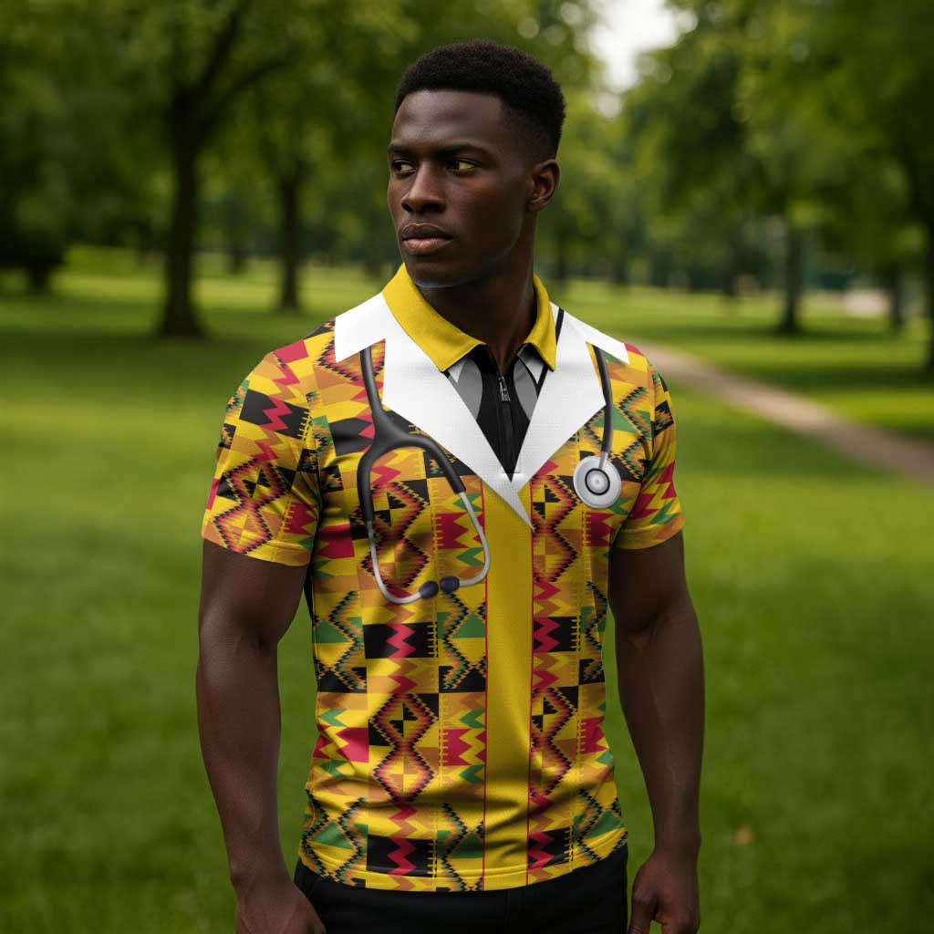 Proud Black Nurse RN Zipper Polo Shirt African Stethoscope Kente Pattern