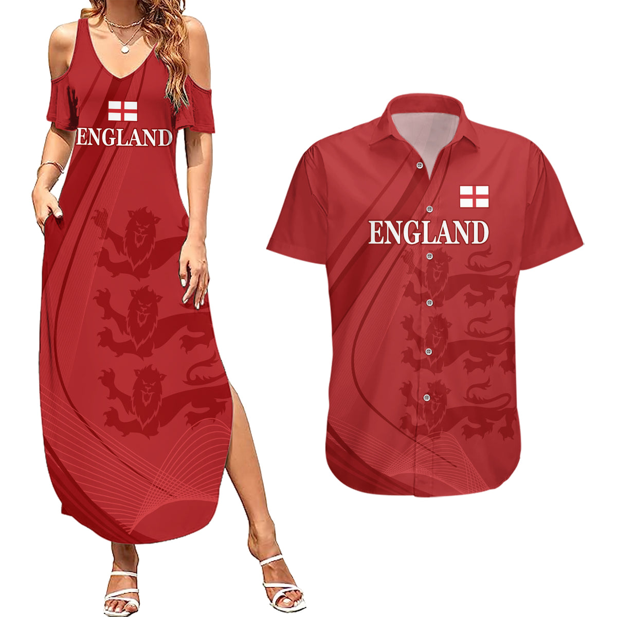 England Cricket World Cup 2024 Couples Matching Summer Maxi Dress and Hawaiian Shirt Tri Lions Make Champions LT9 - Wonder Print Shop