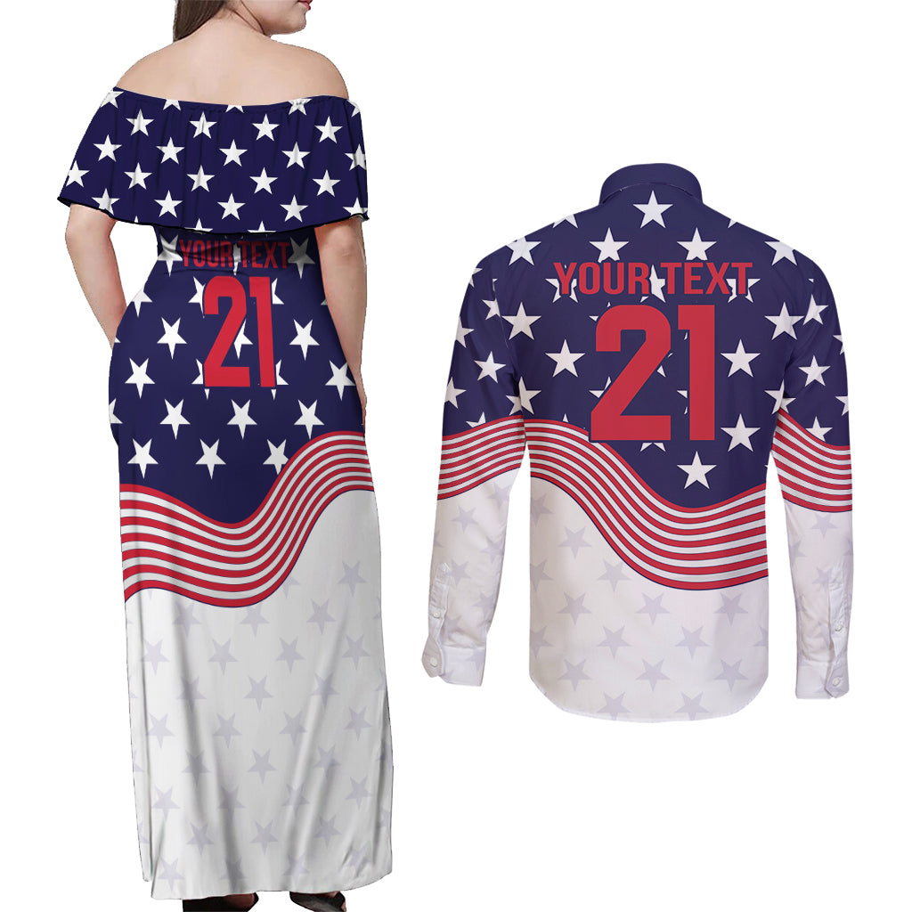United States Cricket World Cup 2024 Couples Matching Off Shoulder Maxi Dress and Long Sleeve Button Shirt USA Badge Eagle Make Champions LT9 - Wonder Print Shop