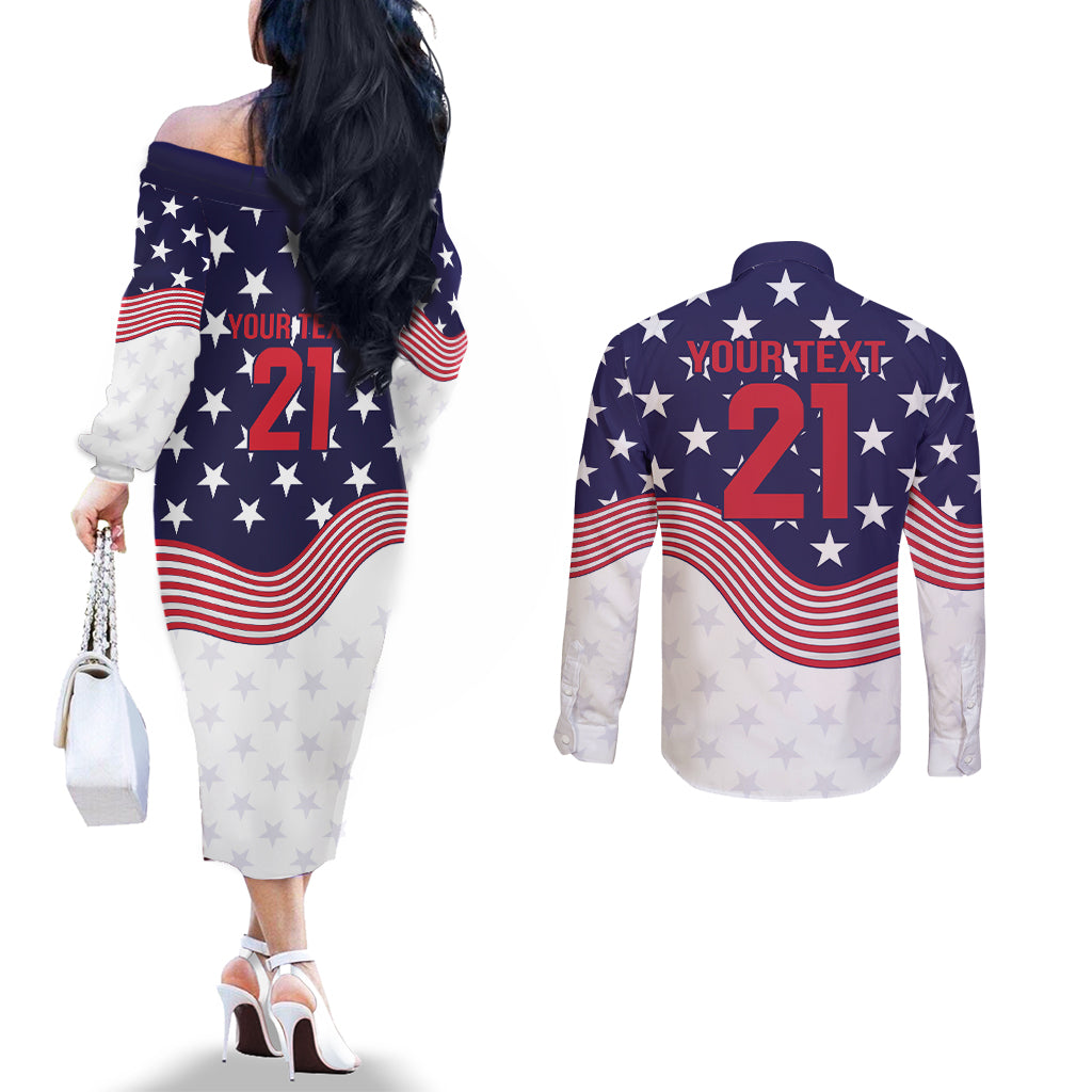 United States Cricket World Cup 2024 Couples Matching Off The Shoulder Long Sleeve Dress and Long Sleeve Button Shirt USA Badge Eagle Make Champions