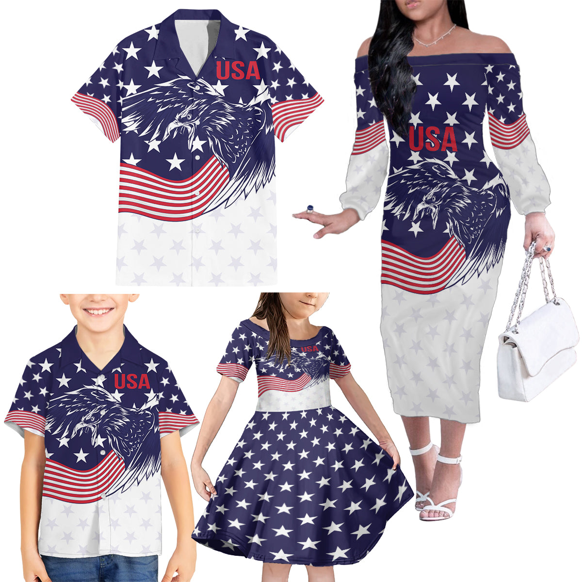 United States Cricket World Cup 2024 Family Matching Off The Shoulder Long Sleeve Dress and Hawaiian Shirt USA Badge Eagle Make Champions - Wonder Print Shop