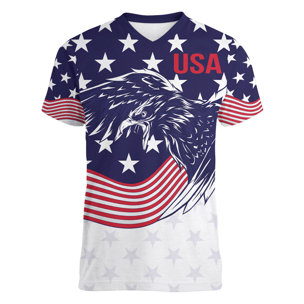 United States Cricket World Cup 2024 Women V-Neck T-Shirt USA Badge Eagle Make Champions - Wonder Print Shop
