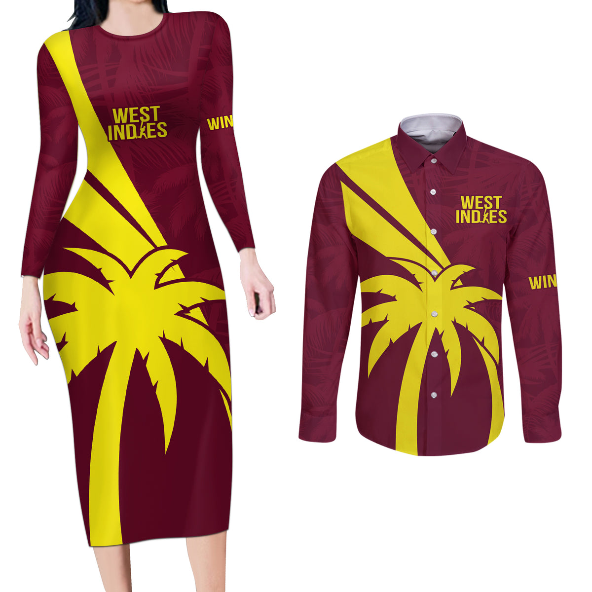 West Indies Cricket World Cup 2024 Couples Matching Long Sleeve Bodycon Dress and Long Sleeve Button Shirt Windies Make Champions LT9 - Wonder Print Shop