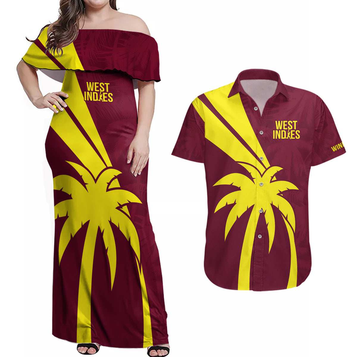 West Indies Cricket World Cup 2024 Couples Matching Off Shoulder Maxi Dress and Hawaiian Shirt Windies Make Champions LT9 - Wonder Print Shop