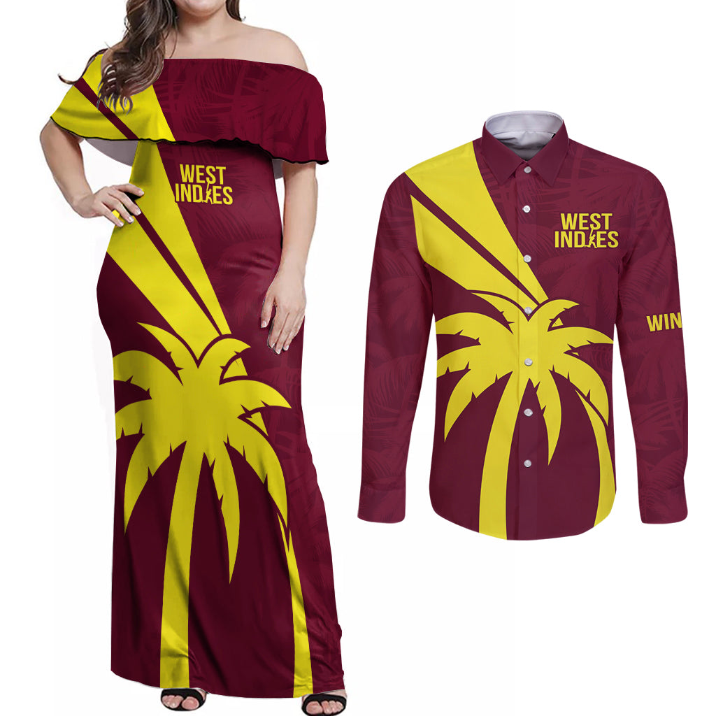 West Indies Cricket World Cup 2024 Couples Matching Off Shoulder Maxi Dress and Long Sleeve Button Shirt Windies Make Champions LT9 - Wonder Print Shop