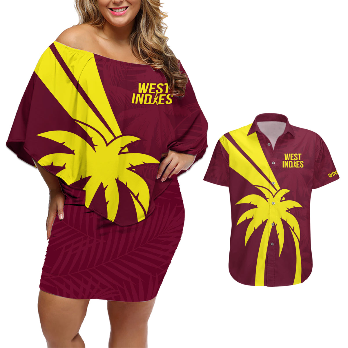 West Indies Cricket World Cup 2024 Couples Matching Off Shoulder Short Dress and Hawaiian Shirt Windies Make Champions LT9 - Wonder Print Shop