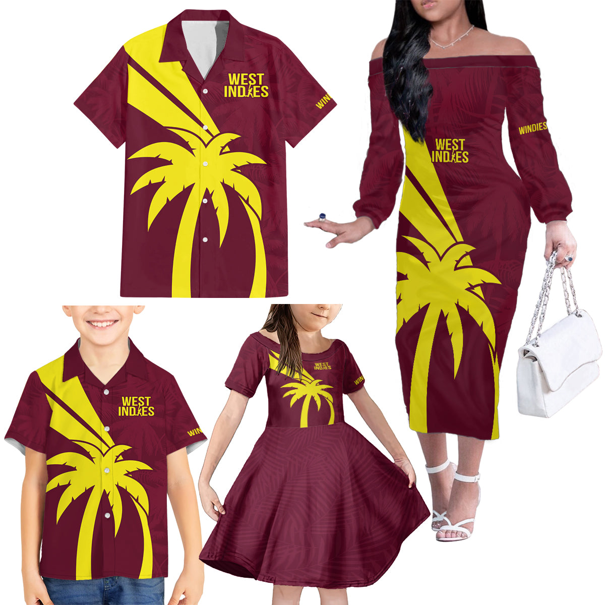 West Indies Cricket World Cup 2024 Family Matching Off The Shoulder Long Sleeve Dress and Hawaiian Shirt Windies Make Champions - Wonder Print Shop