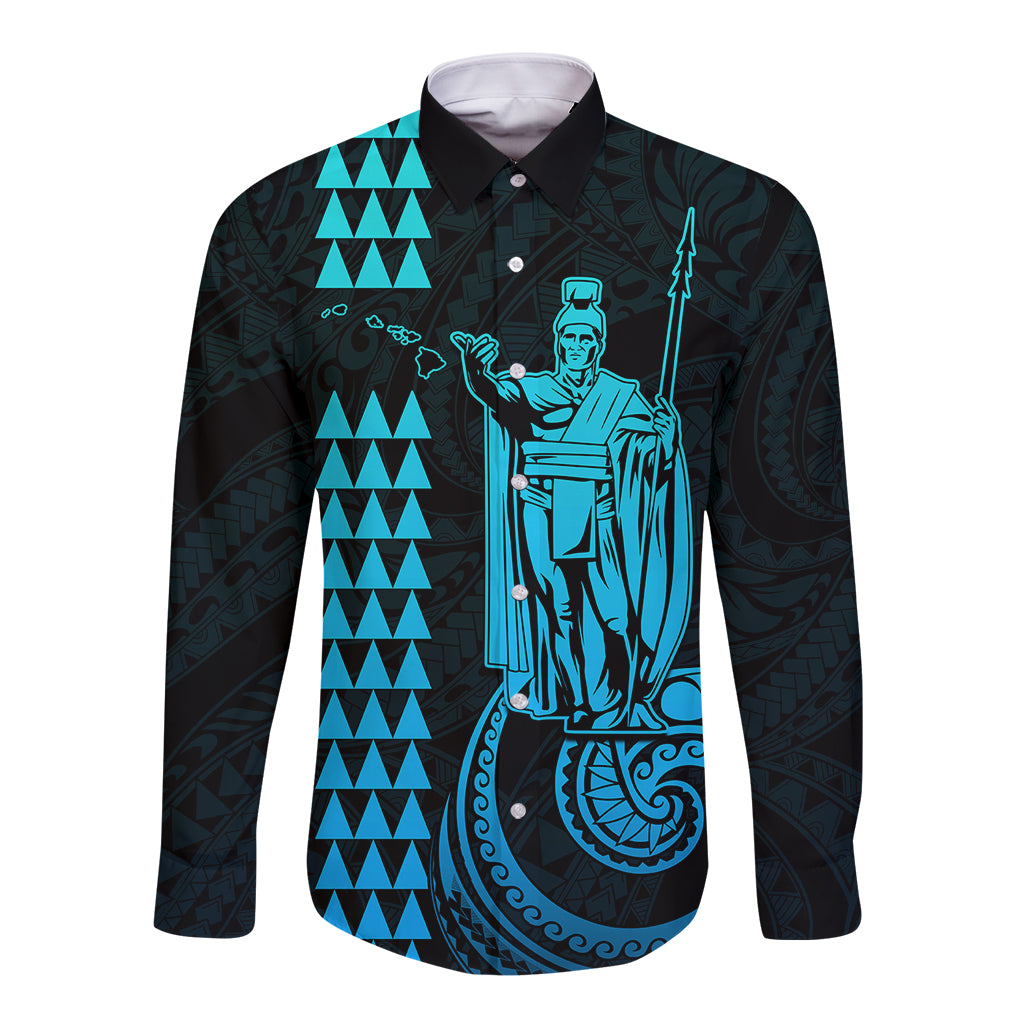 Custom Hawaii Long Sleeve Button Shirt King Kamehameha - Aqua - Wonder Print Shop