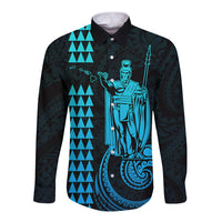 Custom Hawaii Long Sleeve Button Shirt King Kamehameha - Aqua - Wonder Print Shop