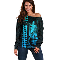 Custom Hawaii Off Shoulder Sweater King Kamehameha - Aqua - Wonder Print Shop