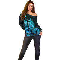 Custom Hawaii Off Shoulder Sweater King Kamehameha - Aqua - Wonder Print Shop