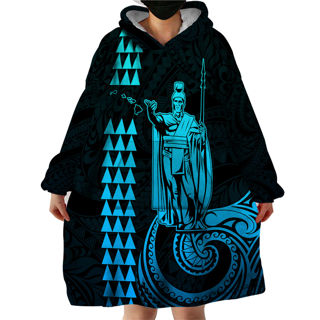 Custom Hawaii Wearable Blanket Hoodie King Kamehameha - Aqua - Wonder Print Shop