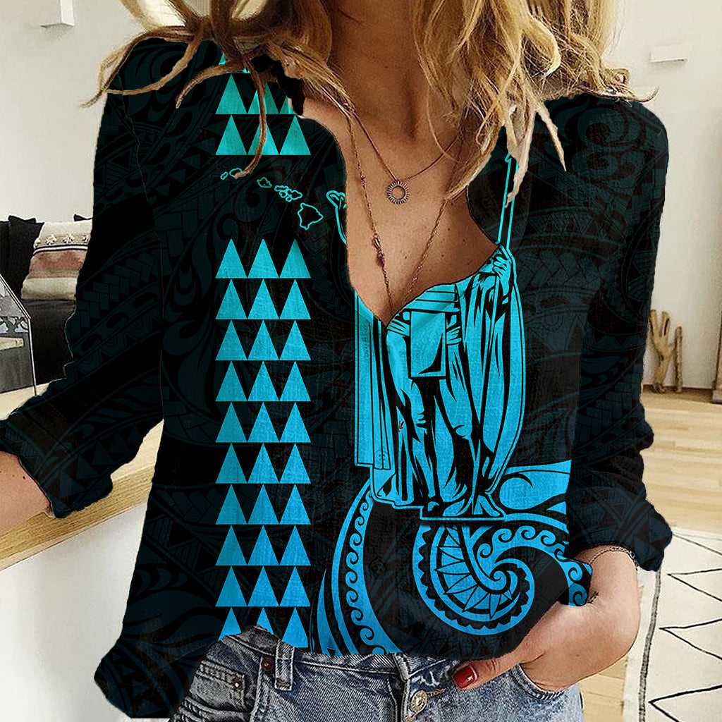 Custom Hawaii Women Casual Shirt King Kamehameha - Aqua - Wonder Print Shop