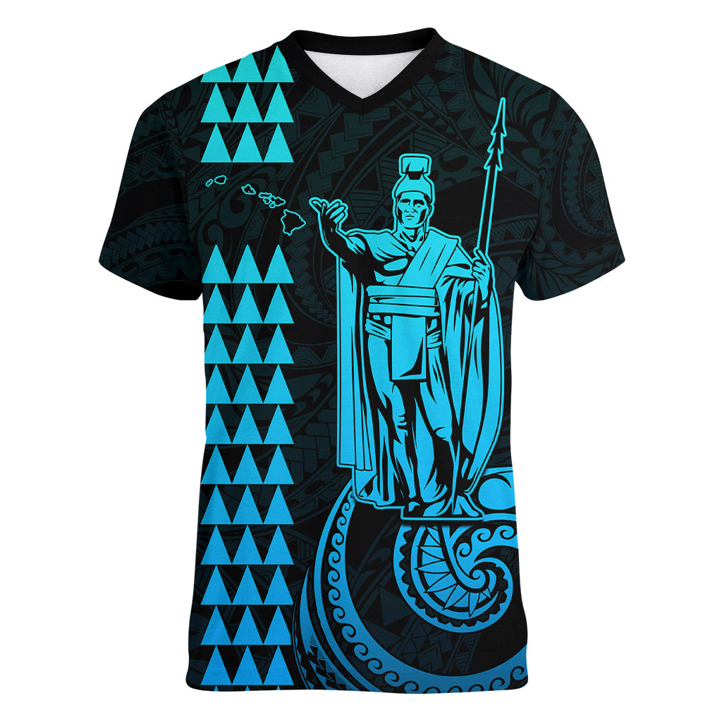 Custom Hawaii Women V Neck T Shirt King Kamehameha - Aqua - Wonder Print Shop