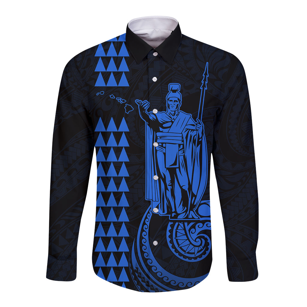 Custom Hawaii Long Sleeve Button Shirt King Kamehameha - Blue - Wonder Print Shop