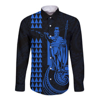 Custom Hawaii Long Sleeve Button Shirt King Kamehameha - Blue - Wonder Print Shop