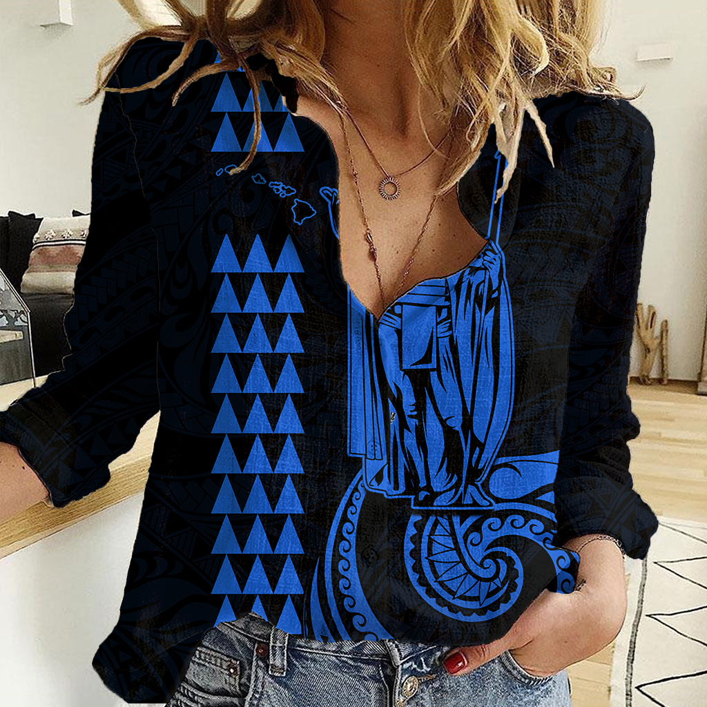 Custom Hawaii Women Casual Shirt King Kamehameha - Blue - Wonder Print Shop