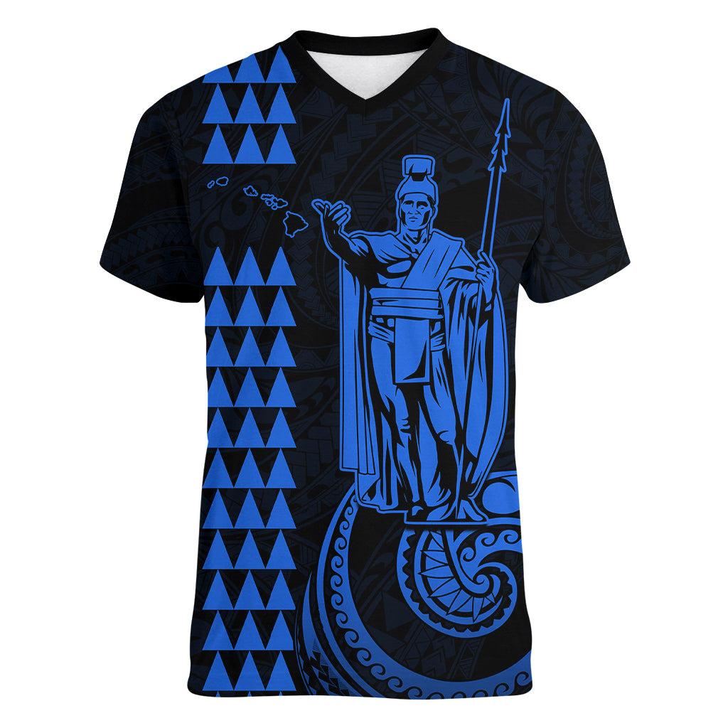 Custom Hawaii Women V Neck T Shirt King Kamehameha - Blue - Wonder Print Shop