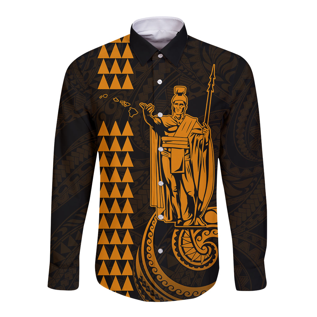 Custom Hawaii Long Sleeve Button Shirt King Kamehameha - Gold - Wonder Print Shop
