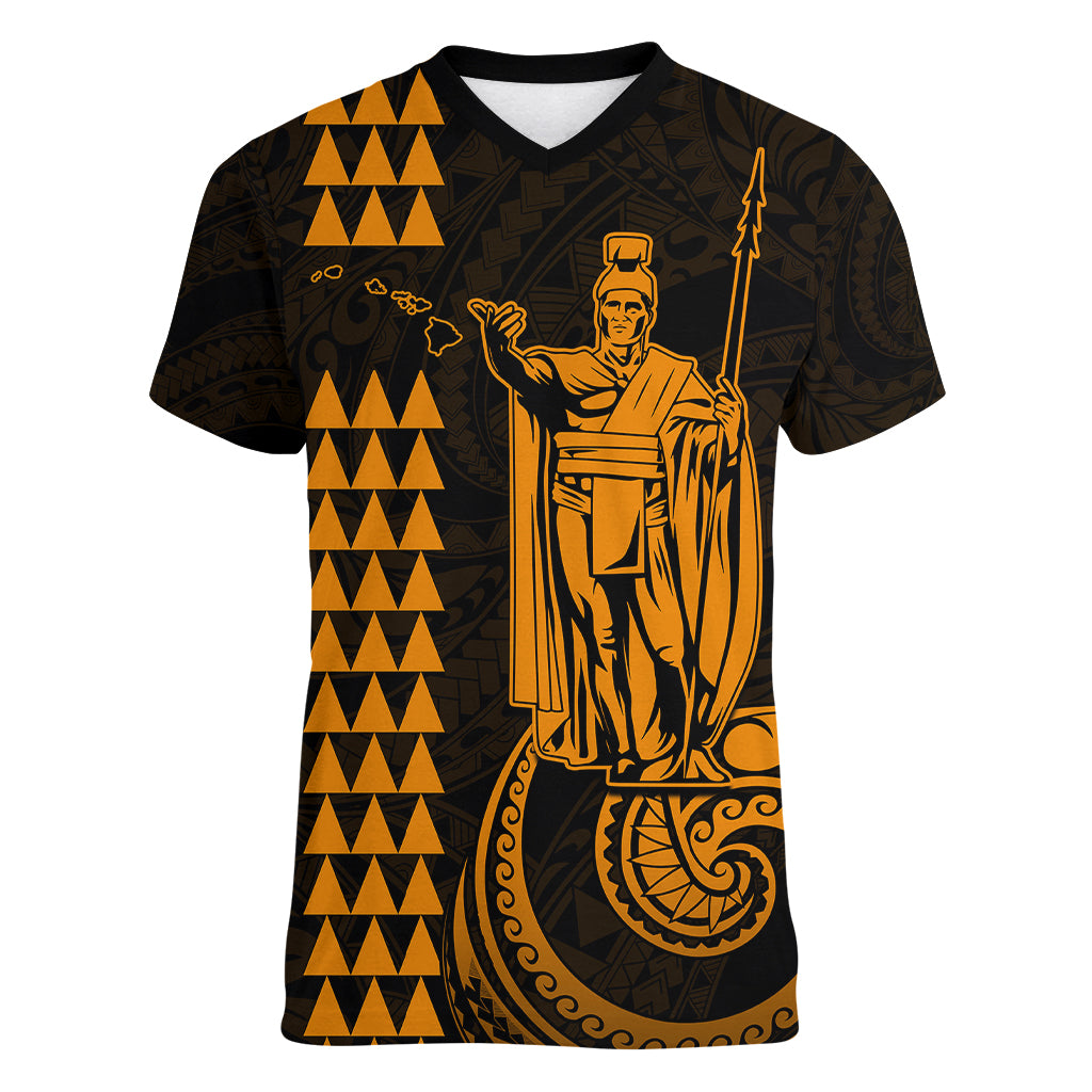 Custom Hawaii Women V Neck T Shirt King Kamehameha - Gold - Wonder Print Shop