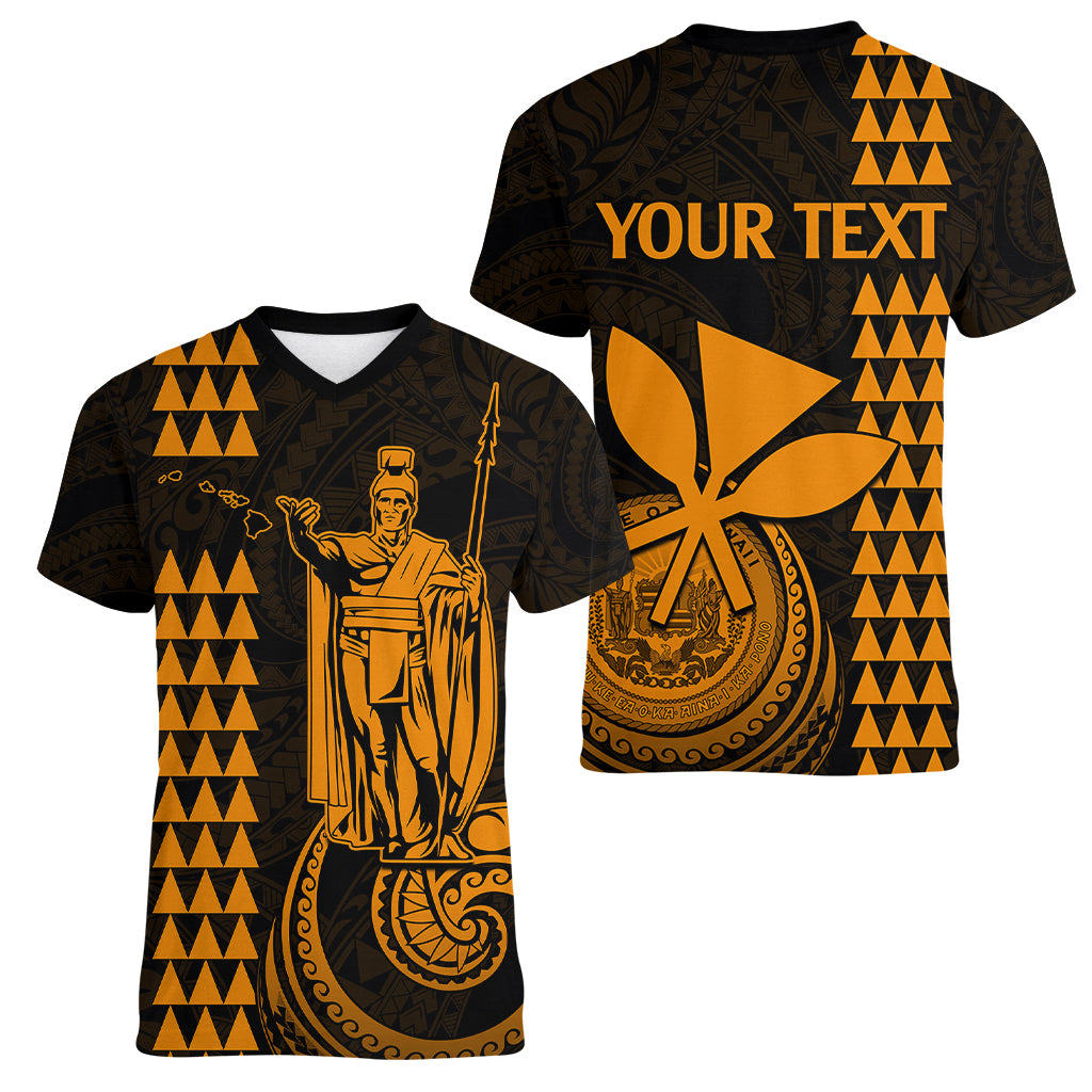Custom Hawaii Women V Neck T Shirt King Kamehameha - Gold - Wonder Print Shop