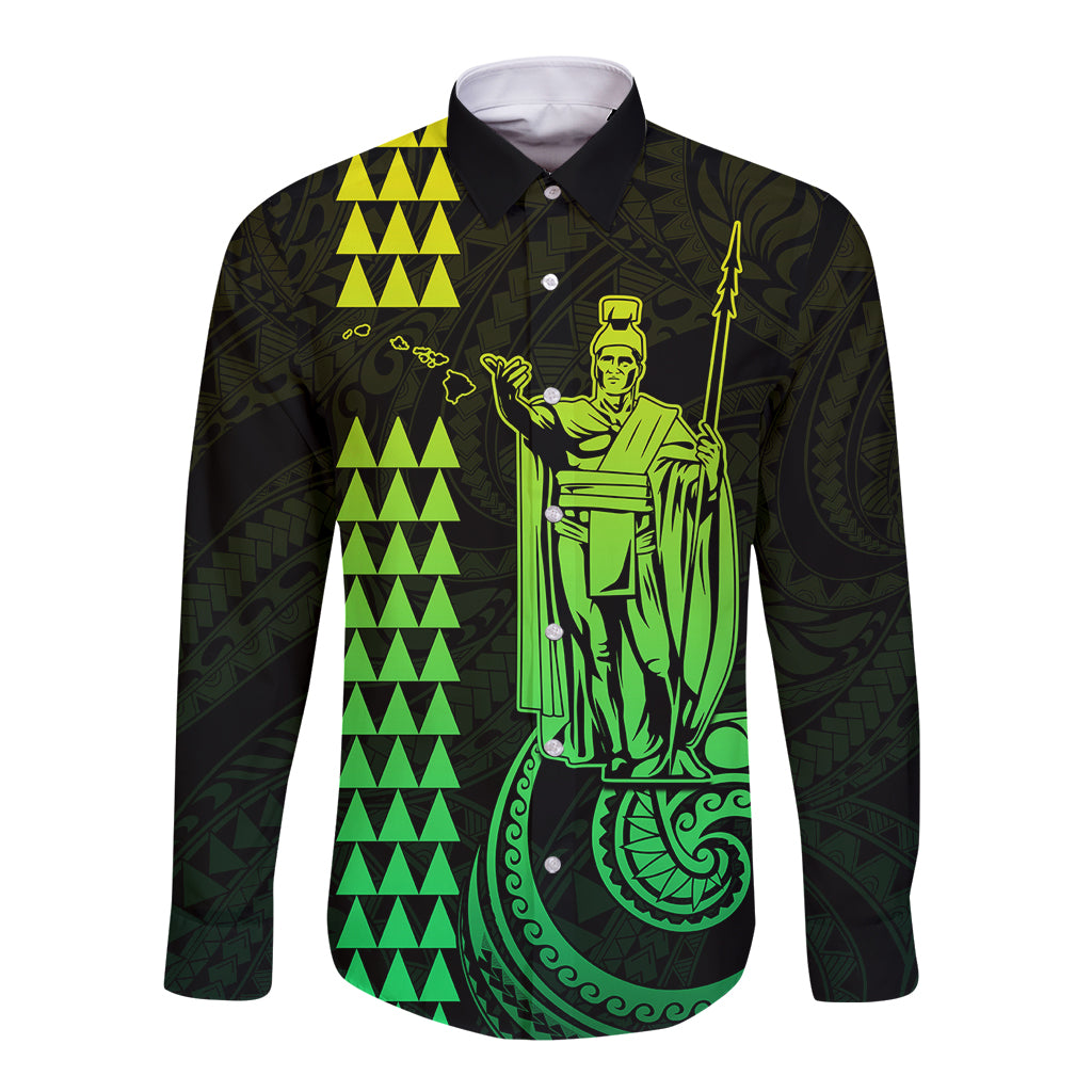 Custom Hawaii Long Sleeve Button Shirt King Kamehameha - Lime - Wonder Print Shop