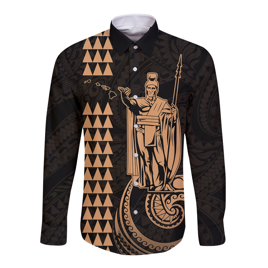 Custom Hawaii Long Sleeve Button Shirt King Kamehameha - Nude - Wonder Print Shop