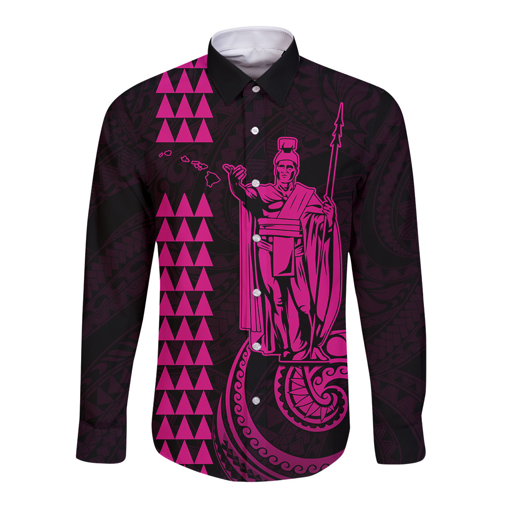 Custom Hawaii Long Sleeve Button Shirt King Kamehameha - Pink - Wonder Print Shop