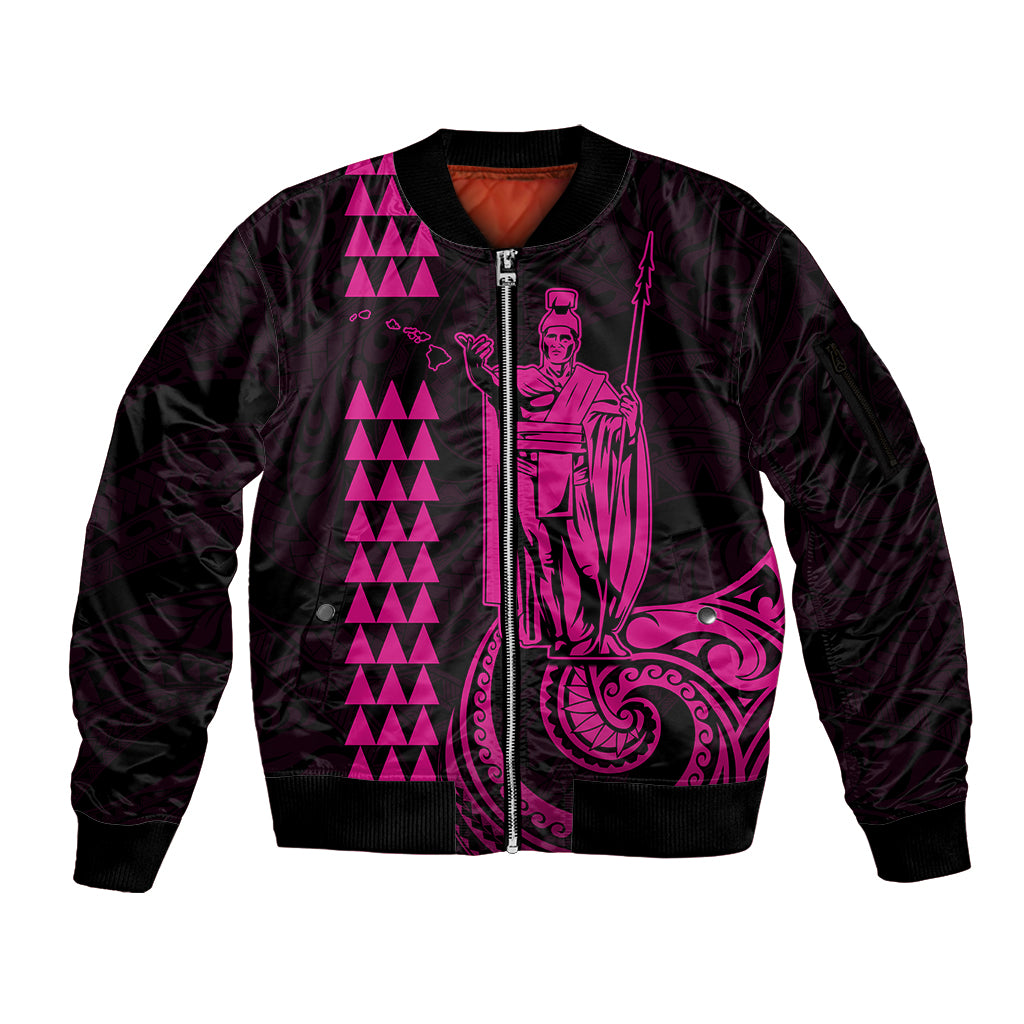 Custom Hawaii Sleeve Zip Bomber Jacket King Kamehameha - Pink - Wonder Print Shop