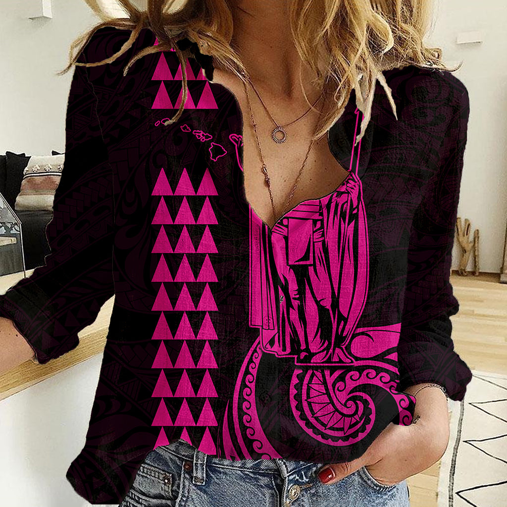 Custom Hawaii Women Casual Shirt King Kamehameha - Pink - Wonder Print Shop