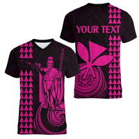 Custom Hawaii Women V Neck T Shirt King Kamehameha - Pink - Wonder Print Shop