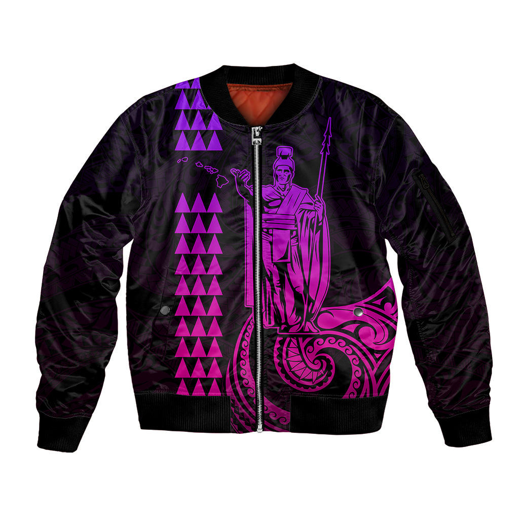 Custom Hawaii Sleeve Zip Bomber Jacket King Kamehameha - Pink Gradient - Wonder Print Shop