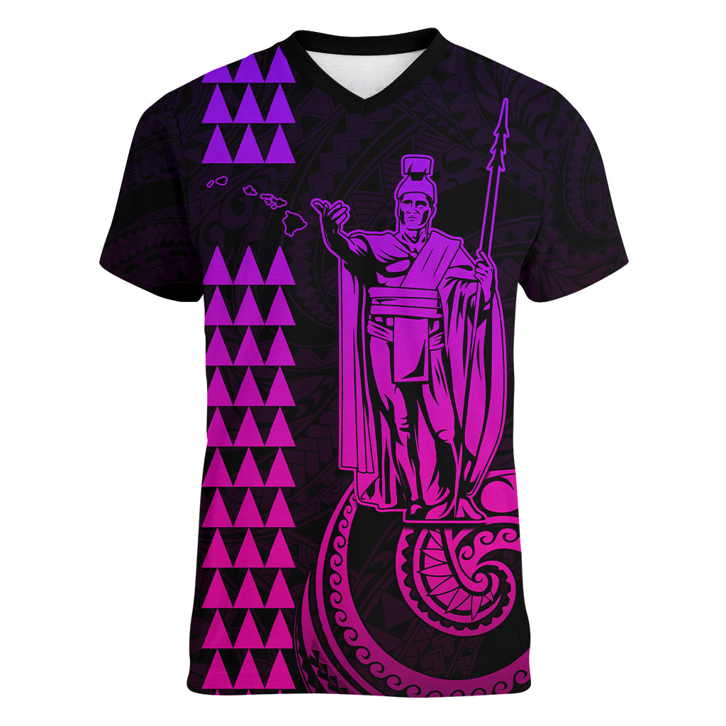 Custom Hawaii Women V Neck T Shirt King Kamehameha - Pink Gradient - Wonder Print Shop