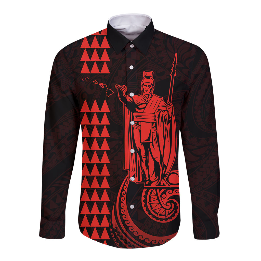 Custom Hawaii Long Sleeve Button Shirt King Kamehameha - Red - Wonder Print Shop