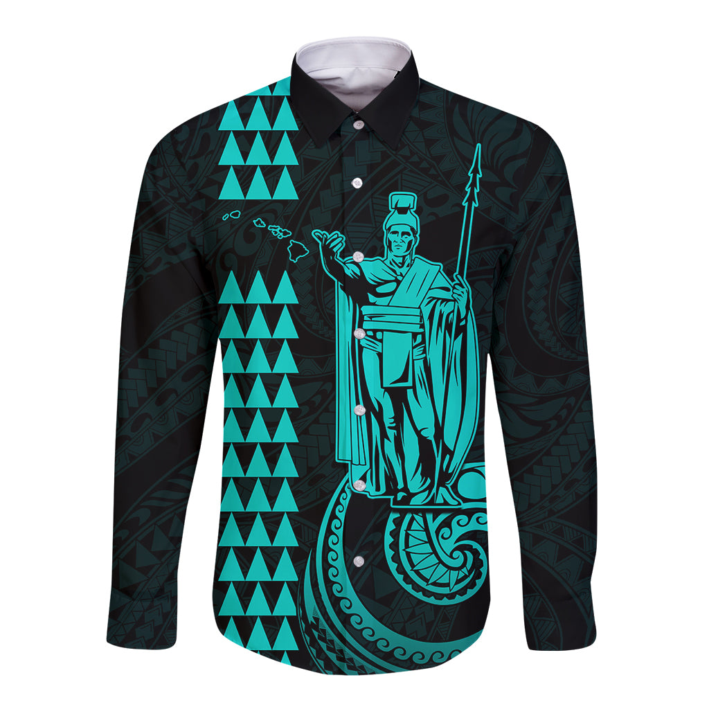 Custom Hawaii Long Sleeve Button Shirt King Kamehameha - Turquoise - Wonder Print Shop